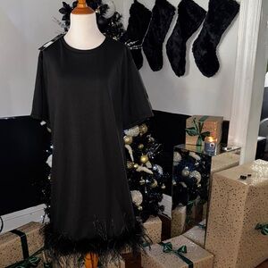 Elegant Black Dress with Feather Hem